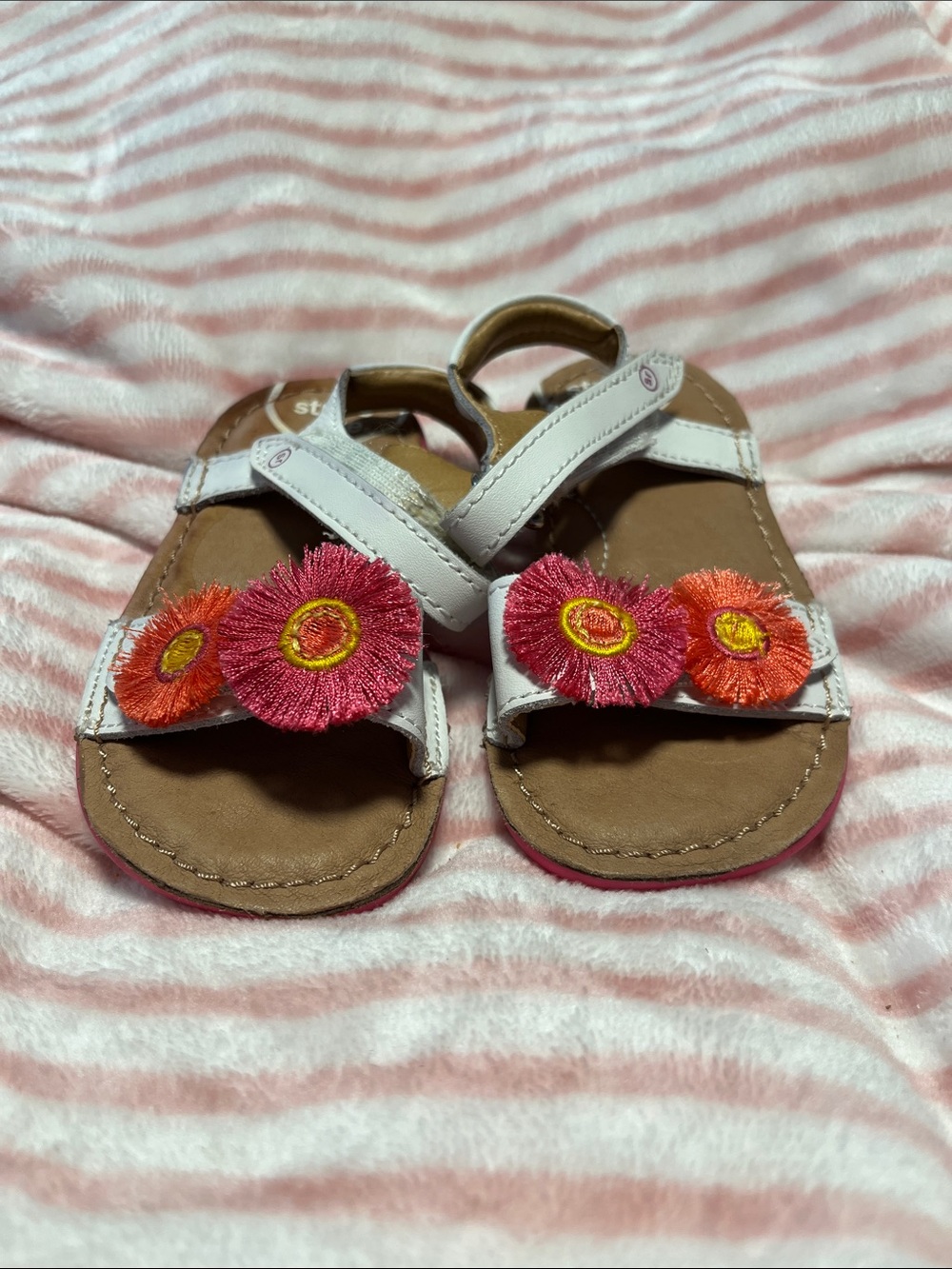 Stride Rite White Sandals with Pink & Orange Flower Appliqués